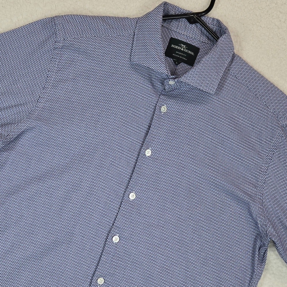 Rodd & Gunn L Italian‎ Cotton Shirt Blue White Geometric Microprint Sports Fit - Picture 2 of 14